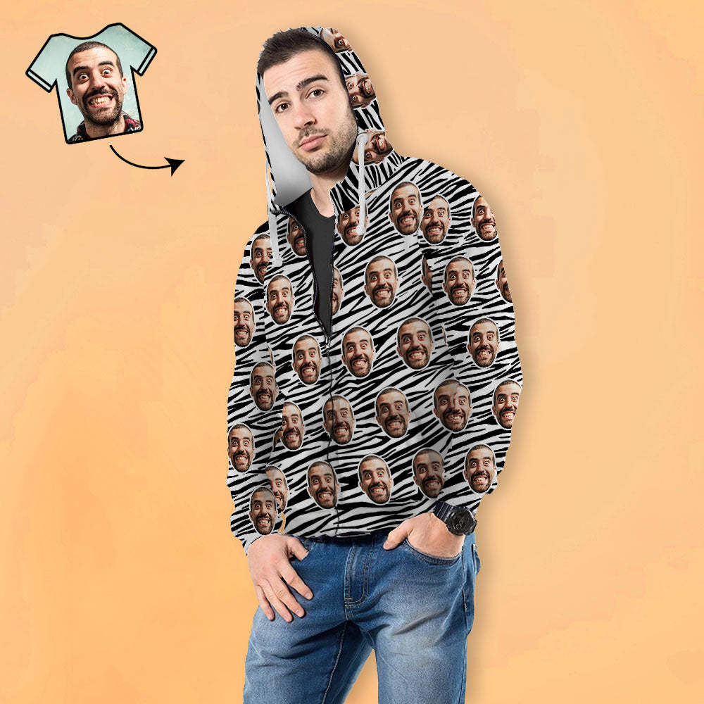 Benutzerdefiniertes Gesicht Unisex Hoodie Lässiger Bedruckter Foto-zip-hoodie Für Männer Frauen – Zebrastreifen - dephotoblanket