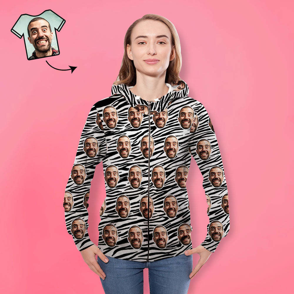 Benutzerdefiniertes Gesicht Unisex Hoodie Lässiger Bedruckter Foto-zip-hoodie Für Männer Frauen – Zebrastreifen - dephotoblanket