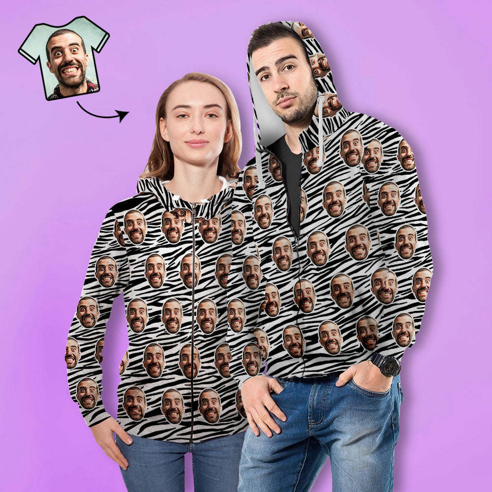 Benutzerdefiniertes Gesicht Unisex Hoodie Lässiger Bedruckter Foto-zip-hoodie Für Männer Frauen – Zebrastreifen - dephotoblanket