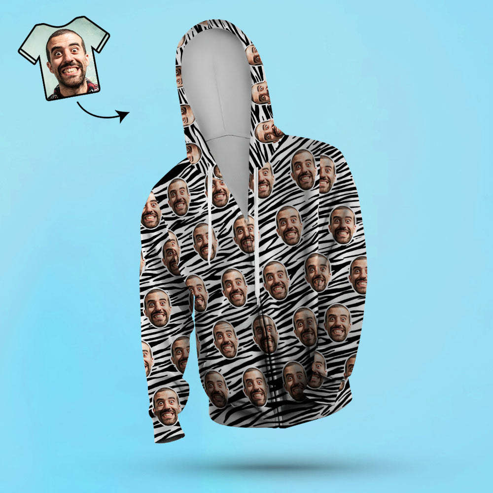 Benutzerdefiniertes Gesicht Unisex Hoodie Lässiger Bedruckter Foto-zip-hoodie Für Männer Frauen – Zebrastreifen - dephotoblanket
