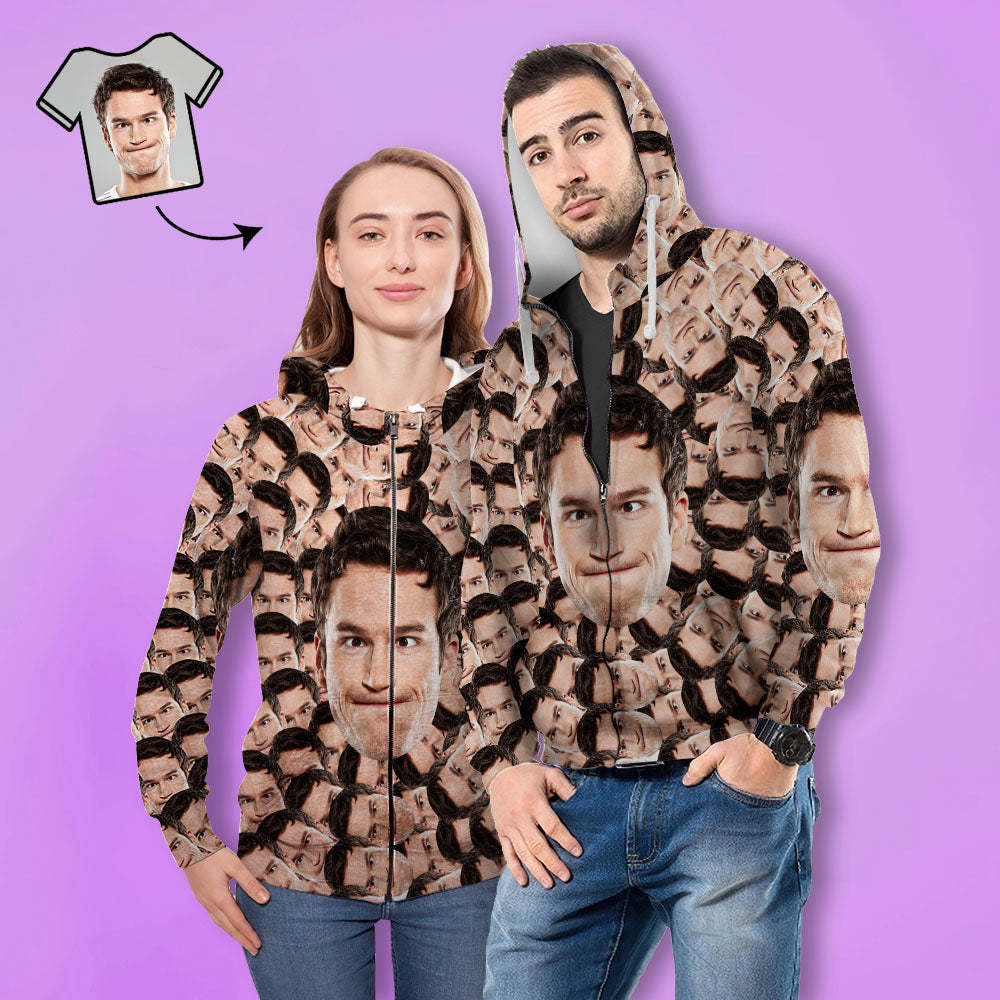 Benutzerdefiniertes Gesicht Unisex Hoodie Lässiger Bedruckter Foto-zip-hoodie Für Männer Frauen – Big Face - dephotoblanket