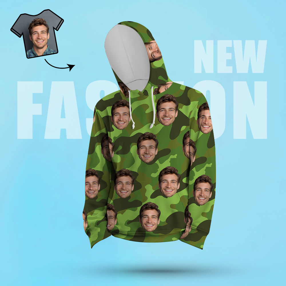 Benutzerdefiniertes Gesicht Unisex Hoodie Lässiger Bedruckter Foto-kapuzenpullover In Grün Für Männer Und Frauen - Camouflage - dephotoblanket