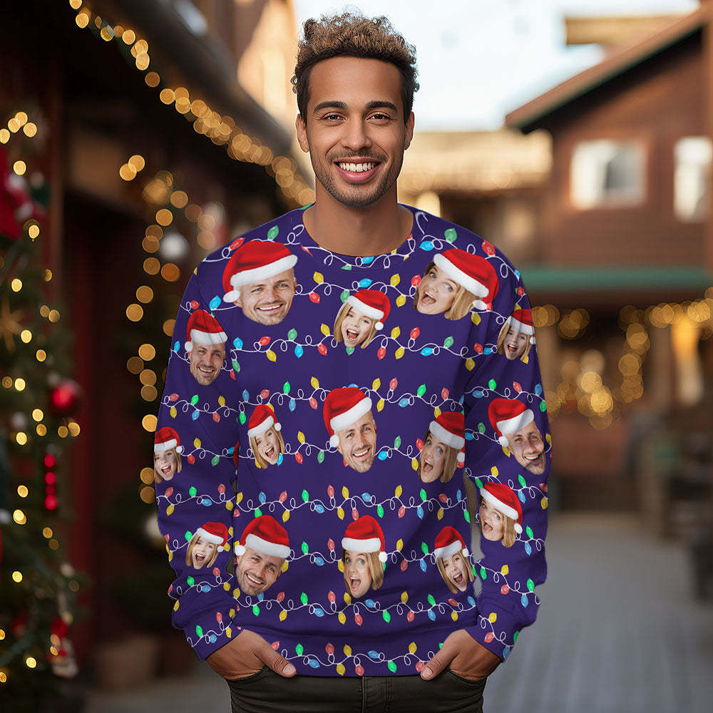 Benutzerdefiniertes Gesicht Rundhals-hoodie, Personalisiertes Foto, Weihnachten, Familie, Weihnachten, Leds, Unisex-hoodies - dephotoblanket