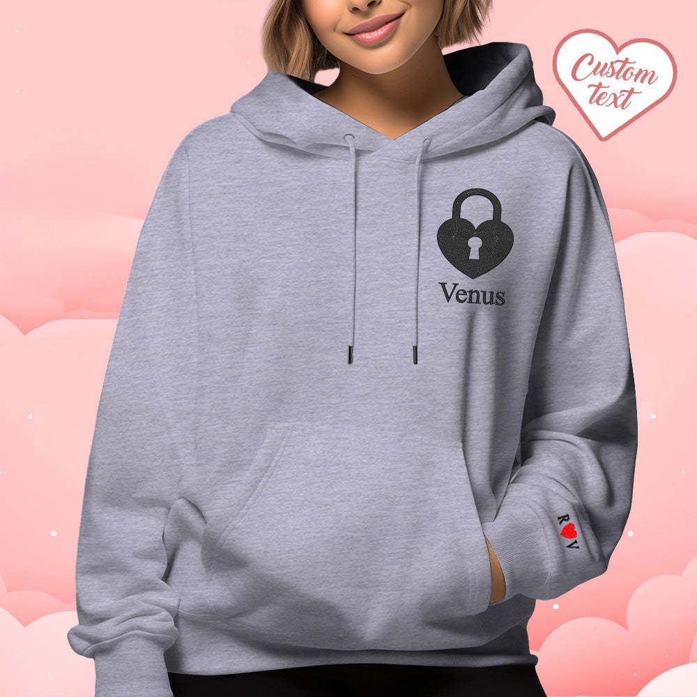 Personalisierter Text Bestickter Kapuzenpullover, Süßes Herz-schlüssel- Und Schloss-set, Sweatshirt, Valentinstagsgeschenke Für Paare - dephotoblanket
