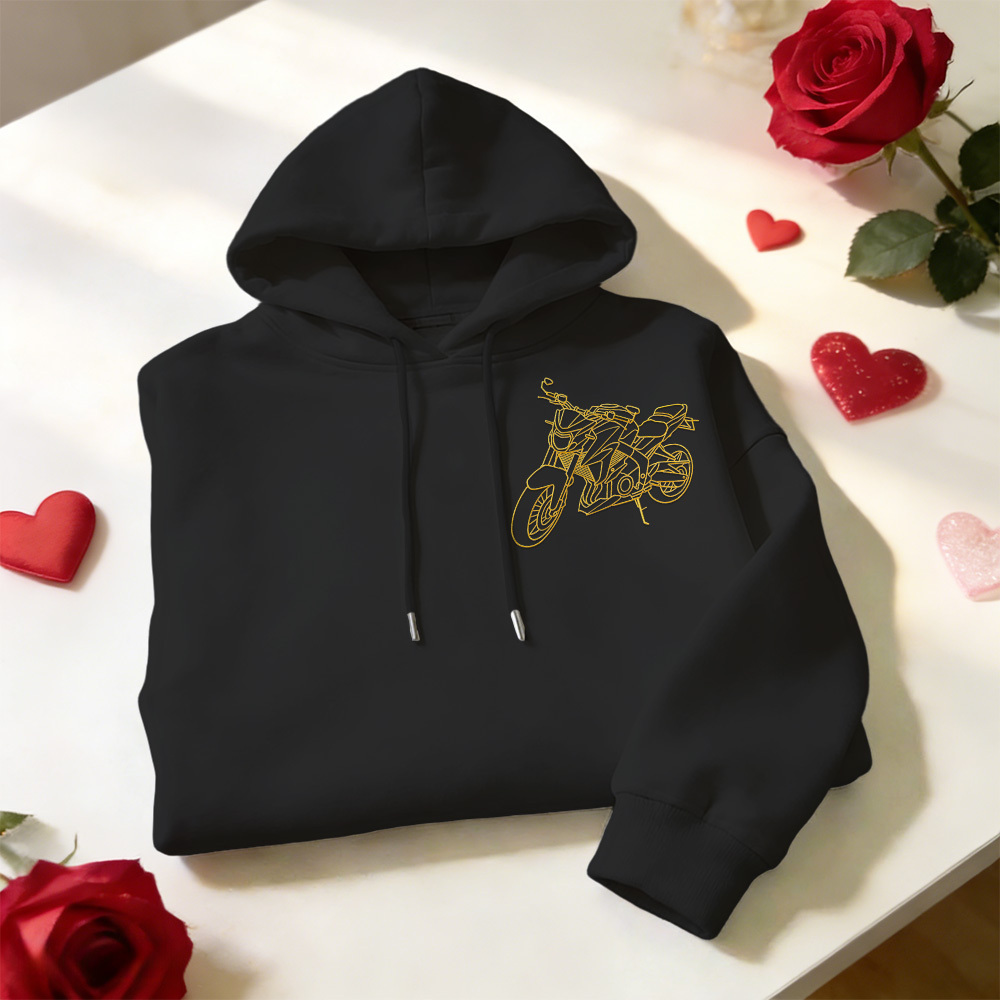 Personalisierter bestickter Premium-Hoodie mit Umrissbild Ihres Motorrads - dephotoblanket