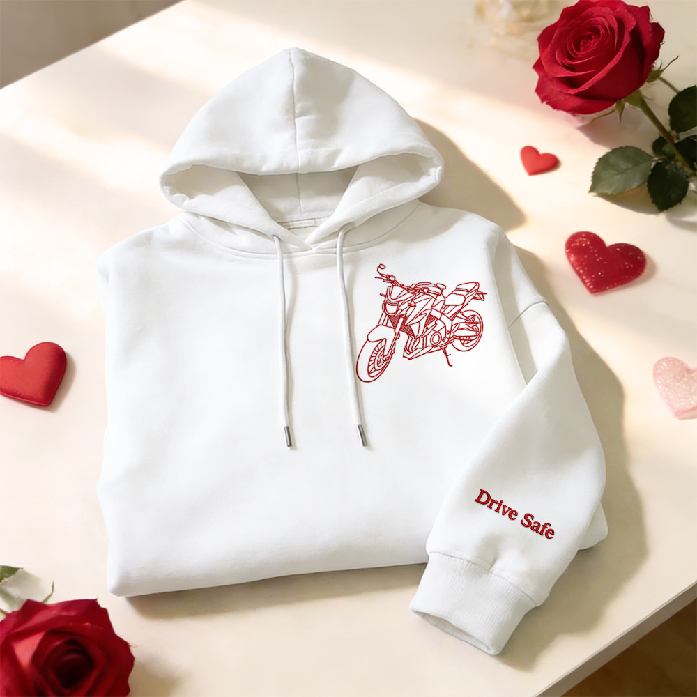 Personalisierter bestickter Premium-Hoodie mit Umrissbild Ihres Motorrads - dephotoblanket