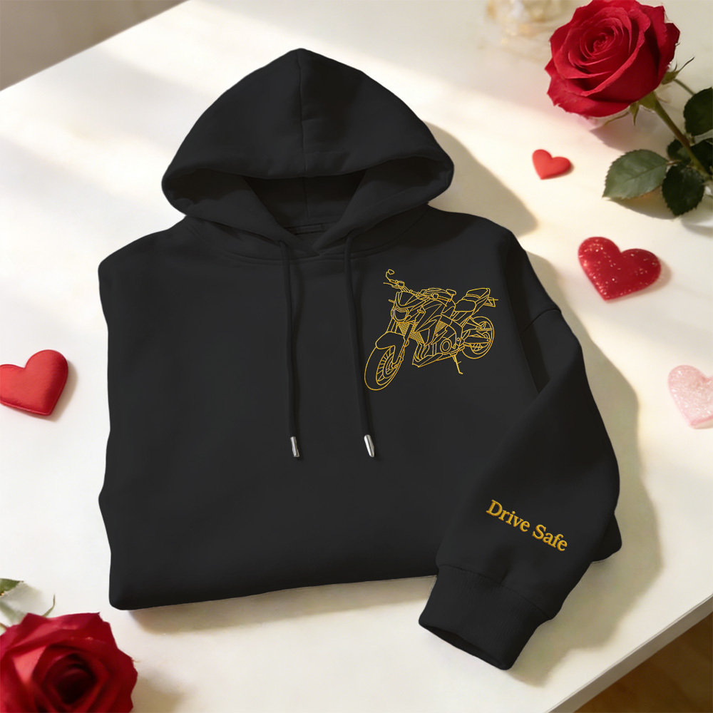 Personalisierter bestickter Premium-Hoodie mit Umrissbild Ihres Motorrads - dephotoblanket