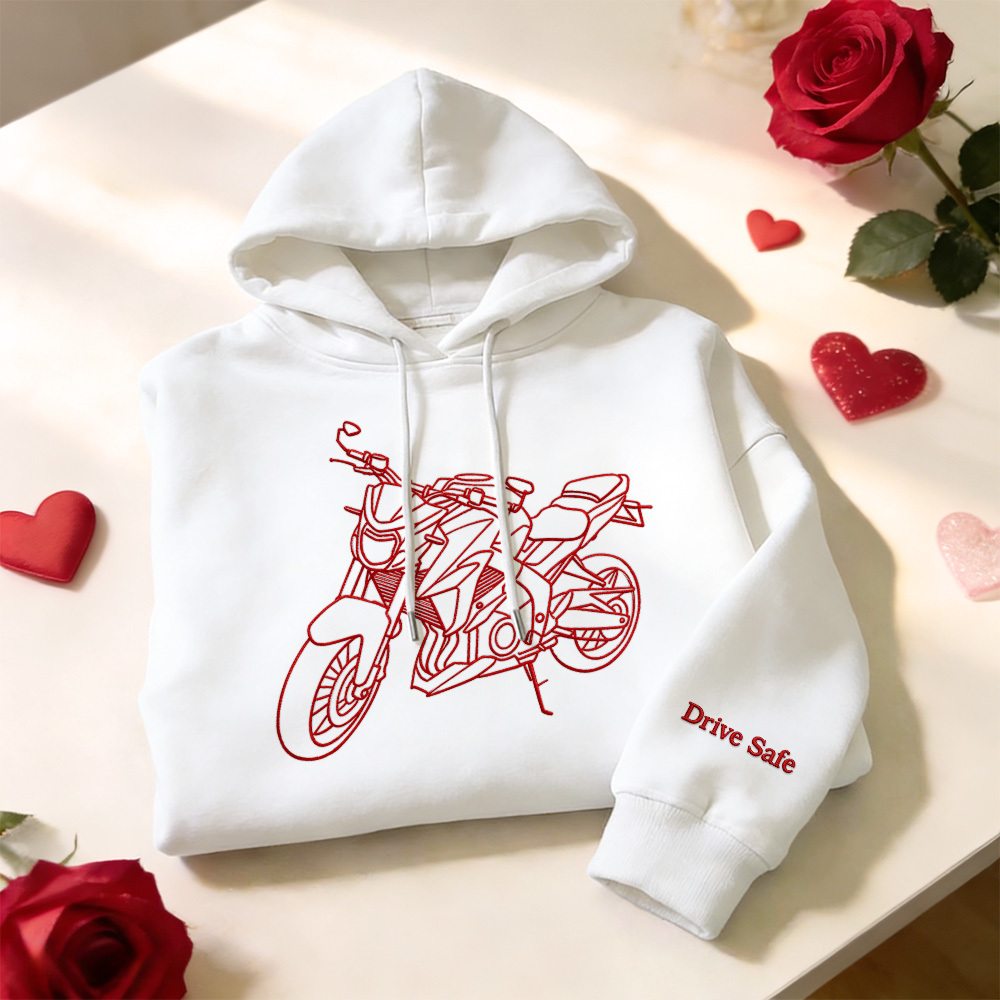 Personalisierter bestickter Premium-Hoodie mit Umrissbild Ihres Motorrads - dephotoblanket