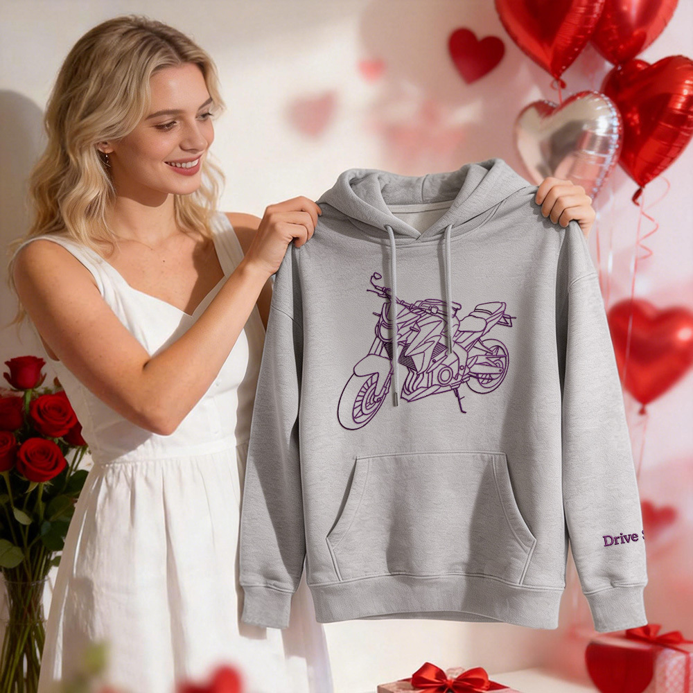Personalisierter bestickter Premium-Hoodie mit Umrissbild Ihres Motorrads - dephotoblanket