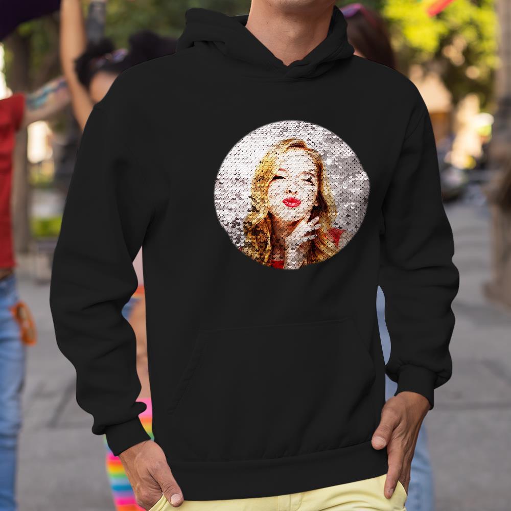 Benutzerdefinierter Foto-flip-hoodie Mit Roten Pailletten Und Kreisförmigem Aufdruck, Geschenk Für Männer Und Frauen - dephotoblanket