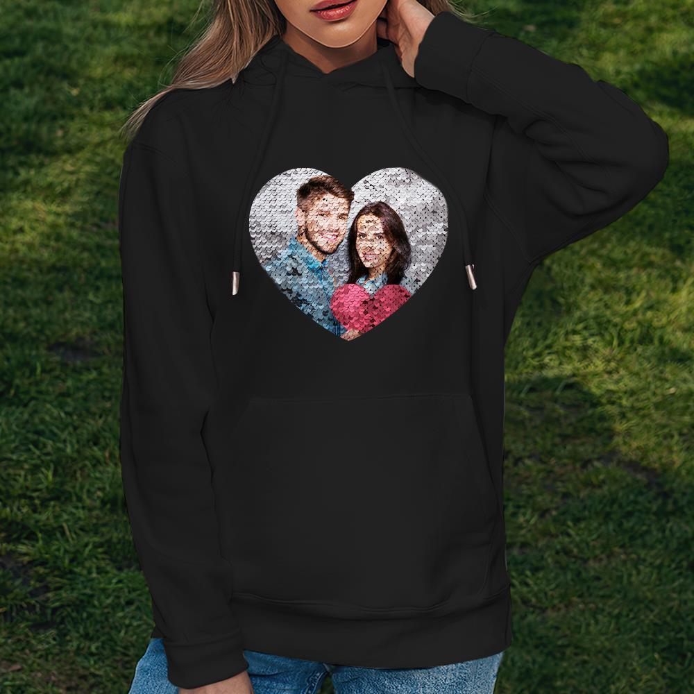 Benutzerdefiniertes Foto Blauer Pailletten-hoodie-herz-doppeldruck-hoodie-geschenk Für Männer Frauen - dephotoblanket