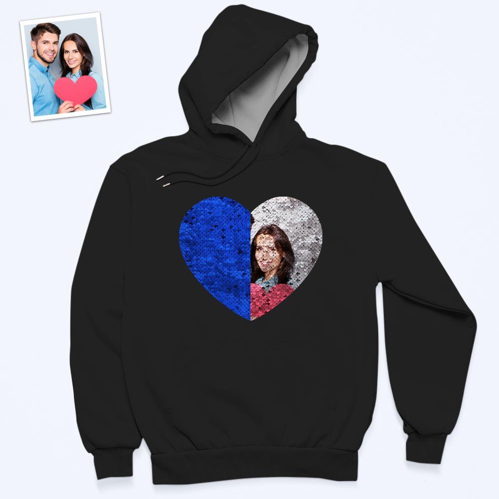 Benutzerdefiniertes Foto Blauer Pailletten-hoodie-herz-doppeldruck-hoodie-geschenk Für Männer Frauen - dephotoblanket
