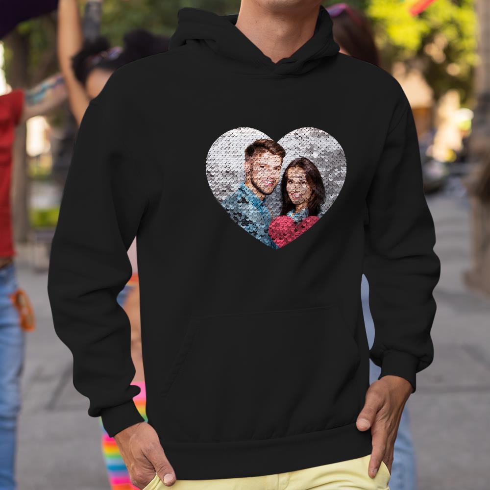 Benutzerdefiniertes Foto Blauer Pailletten-hoodie-herz-doppeldruck-hoodie-geschenk Für Männer Frauen - dephotoblanket