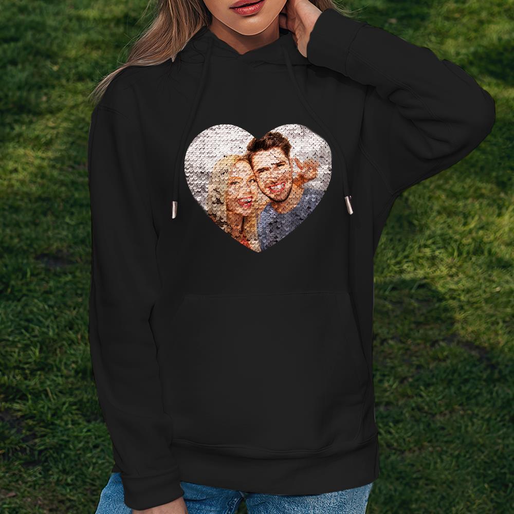 Personalisierter Foto-flip-kapuzenpullover Mit Roten Pailletten, Herzförmiger Druck, Kapuzenpullover, Geschenk Für Liebhaber - dephotoblanket