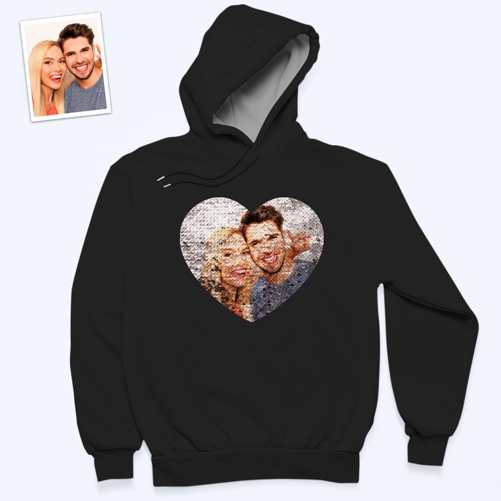 Personalisierter Foto-flip-kapuzenpullover Mit Roten Pailletten, Herzförmiger Druck, Kapuzenpullover, Geschenk Für Liebhaber