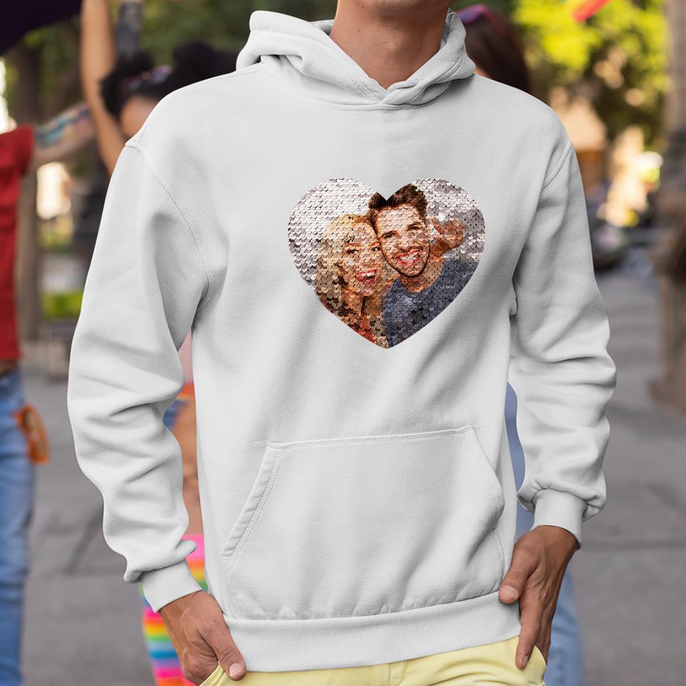 Personalisierter Foto-flip-kapuzenpullover Mit Roten Pailletten, Herzförmiger Druck, Kapuzenpullover, Geschenk Für Liebhaber - dephotoblanket