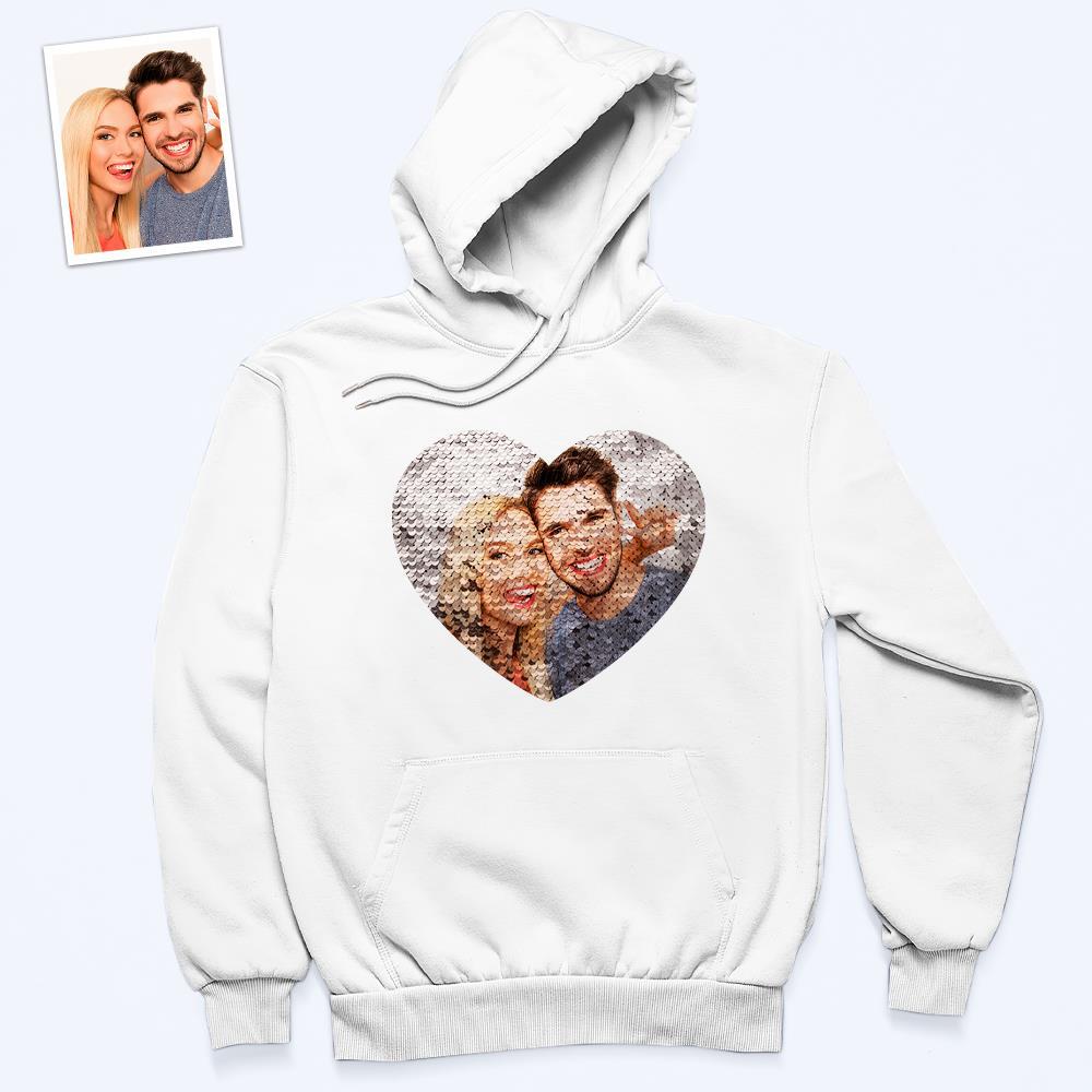 Personalisierter Foto-flip-kapuzenpullover Mit Roten Pailletten, Herzförmiger Druck, Kapuzenpullover, Geschenk Für Liebhaber - dephotoblanket