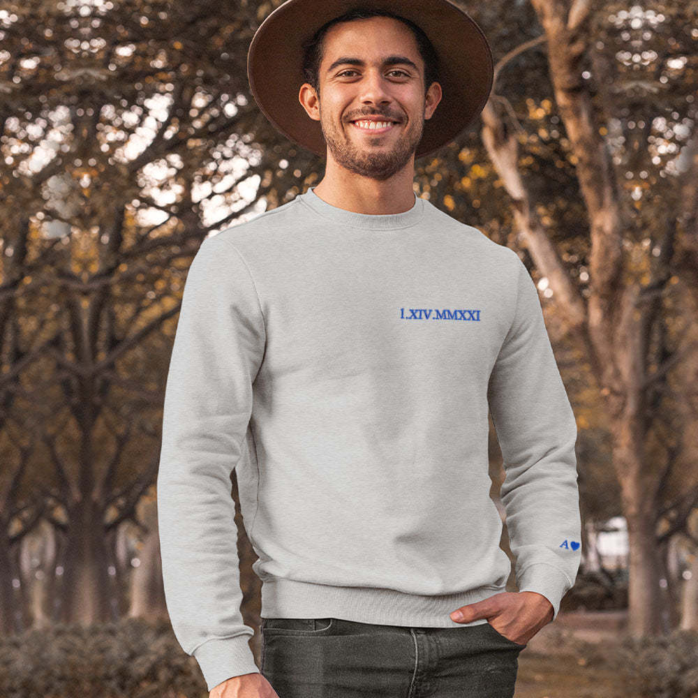 Individuell Gravierter Kapuzenpullover Mit Stickerei, Rundhalsausschnitt, Römische Ziffer, Datum, Paargeschenke - dephotoblanket