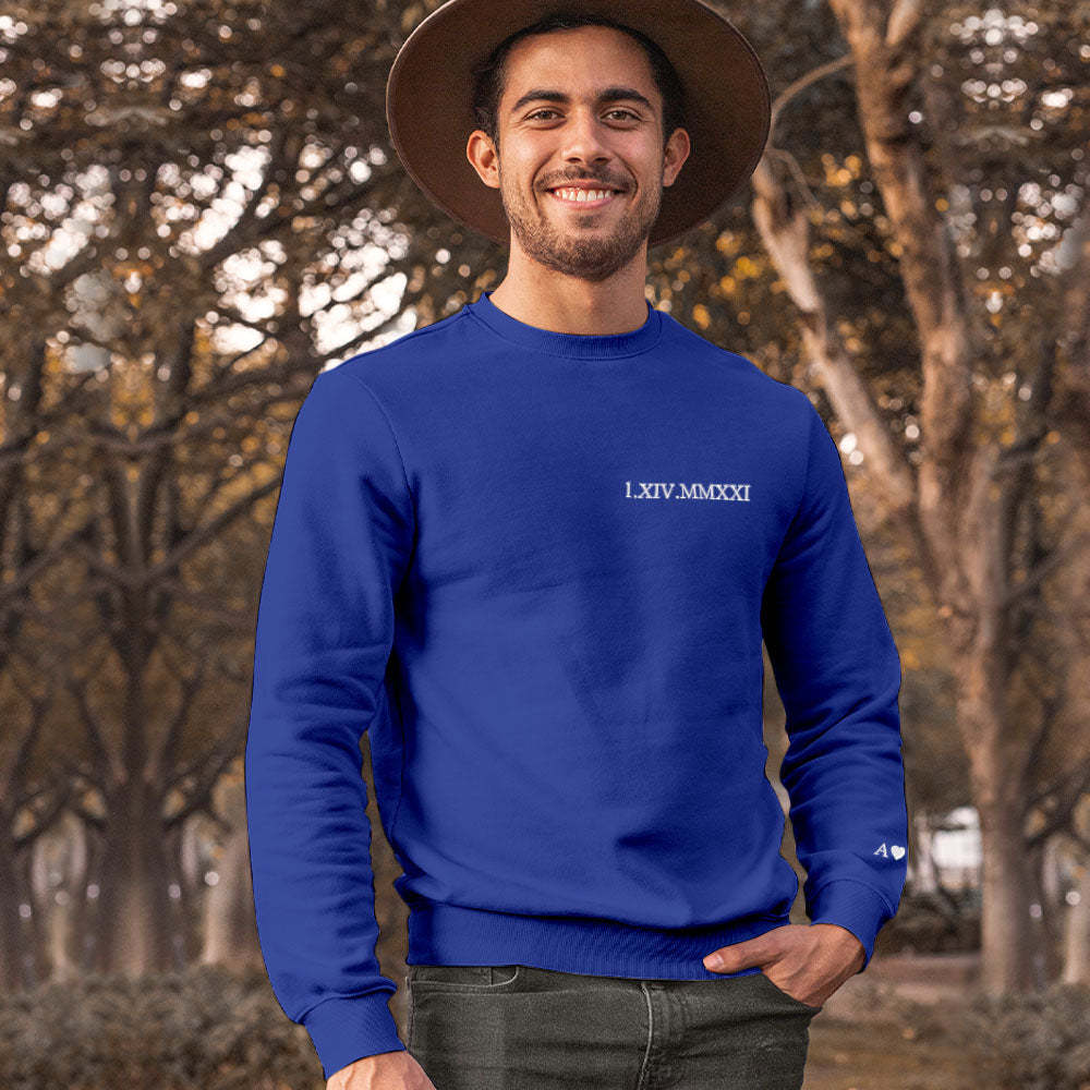 Individuell Gravierter Kapuzenpullover Mit Stickerei, Rundhalsausschnitt, Römische Ziffer, Datum, Paargeschenke - dephotoblanket