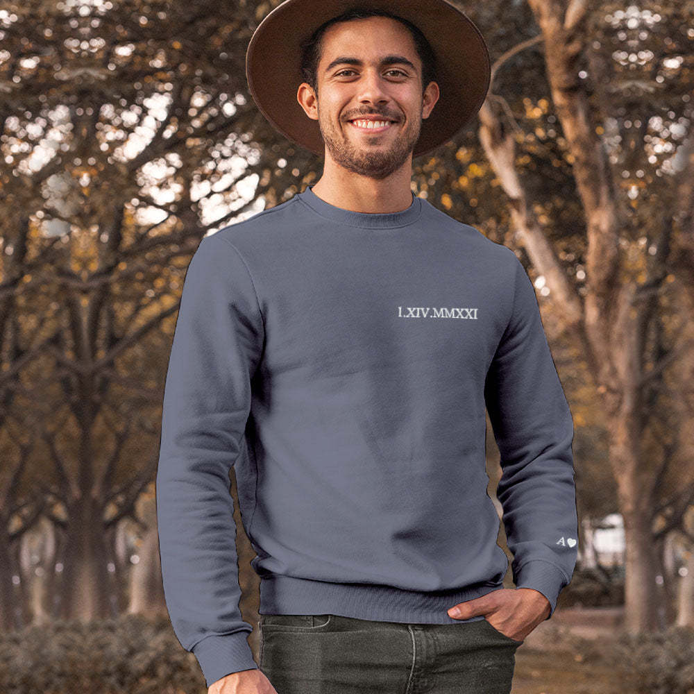 Individuell Gravierter Kapuzenpullover Mit Stickerei, Rundhalsausschnitt, Römische Ziffer, Datum, Paargeschenke - dephotoblanket