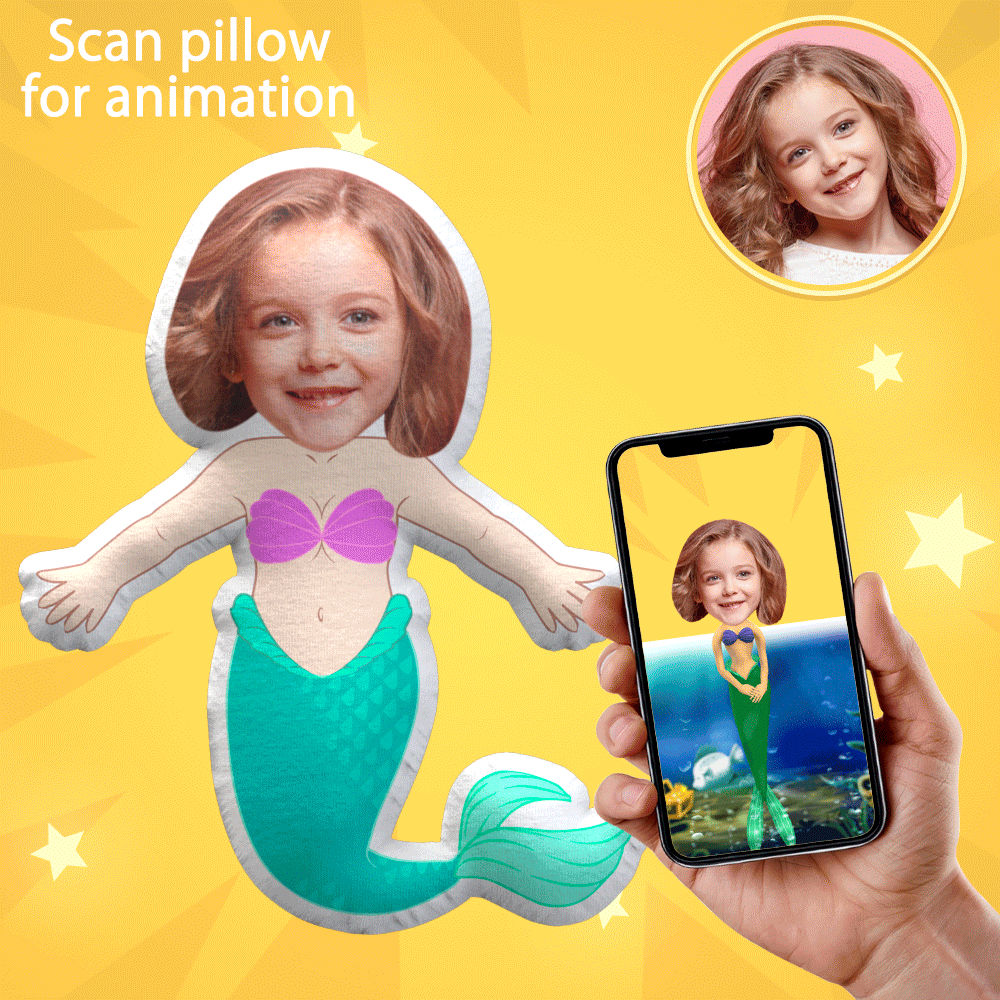 My Face Doll, Individuelles Fotokissen, Die Meerjungfrau, Dekokissen, Ar-ansicht, Geschenk - dephotoblanket