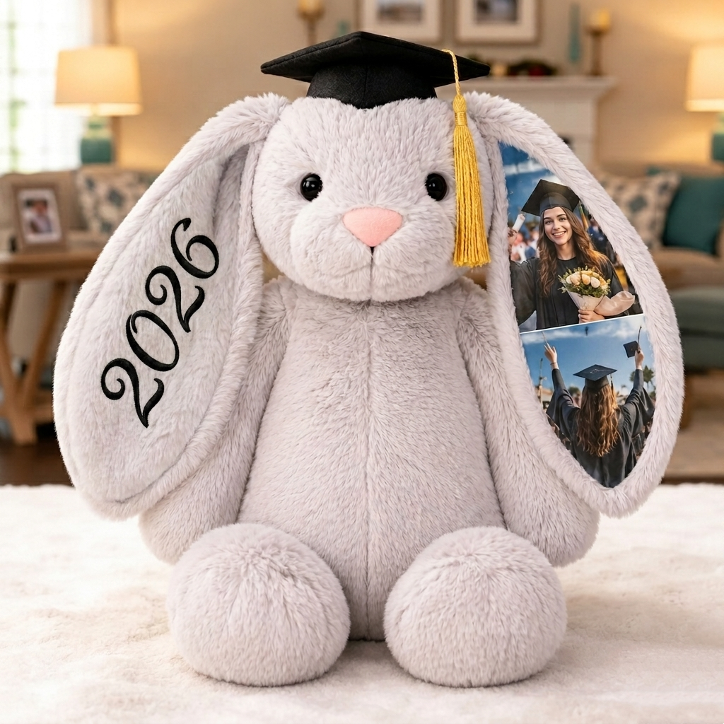 Benutzerdefinierter Fotohase Aus Plüsch, Personalisierter Memory-Hase Mit Verstecktem Ohr Und Abschlusskappe, Geschenk Zum Jahrgang 2026 - dephotoblanket