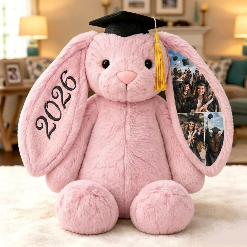 Benutzerdefinierter Fotohase Aus Plüsch, Personalisierter Memory-Hase Mit Verstecktem Ohr Und Abschlusskappe, Geschenk Zum Jahrgang 2026 - dephotoblanket