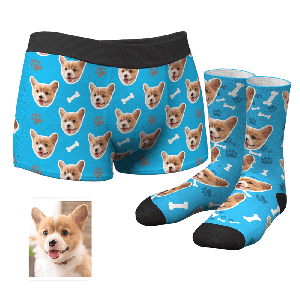 Foto Socken Gesicht Socken Herren Personalisierte Gesicht Boxershorts Unterhose& Socken Boxersocken Set - Hundeklaue und Knochen