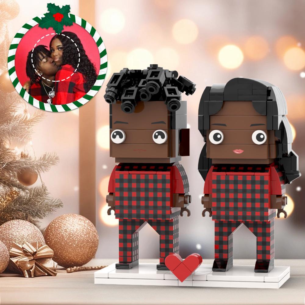 Hässlicher Weihnachtlicher Schwarzer Pärchen-pyjama, Individuelles Gesicht, Ziegelfiguren, Anpassbarer Kopf, 2 Personen, Individuelle Ziegelfiguren - dephotoblanket