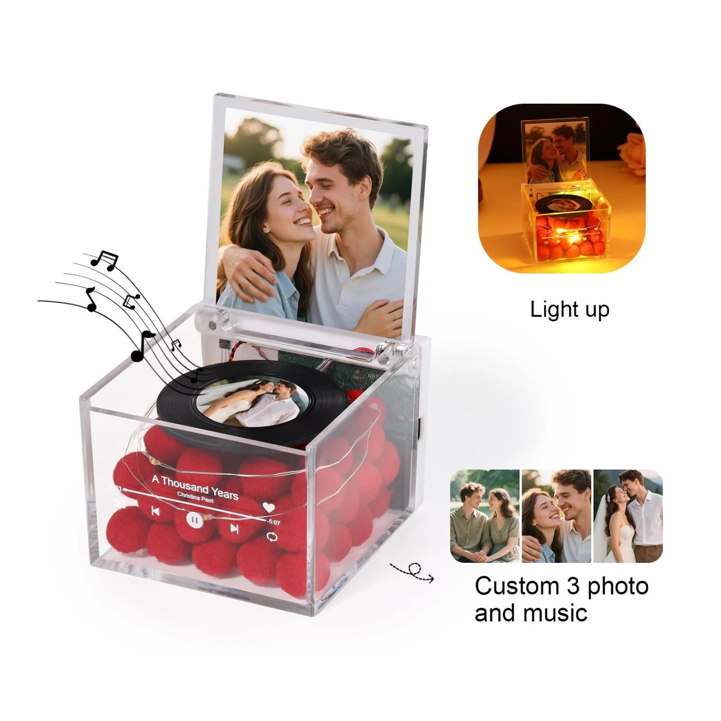 Premium Mini-musikrekorder Mit Automatischem Musikabspieler, Personalisiertem Foto Und Licht, Acrylbox - dephotoblanket
