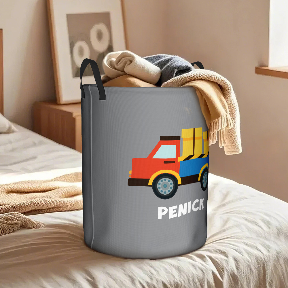 Personalisierter Aufbewahrungskorb Mit Arbeitsfahrzeugen, Bau-lkws, Großer Kapazität, Mit Namen Für Jungen Und Mädchen, Lkw-liebhaber - dephotoblanket