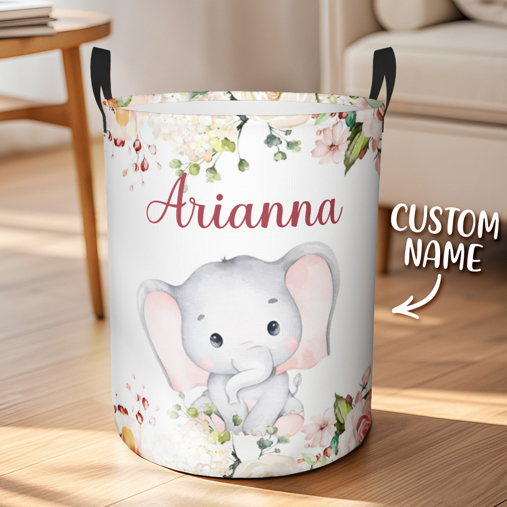 Personalisierter Aufbewahrungskorb Mit Blumen-elefantenmotiv, Wasserdichter Wäschekorb Mit Namen, Geburtstagsgeschenk Für Kinder - dephotoblanket