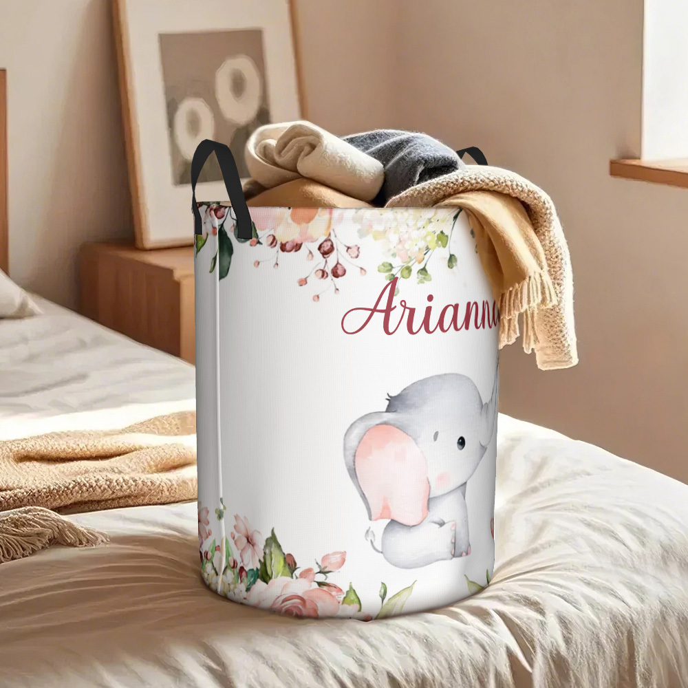 Personalisierter Aufbewahrungskorb Mit Blumen-elefantenmotiv, Wasserdichter Wäschekorb Mit Namen, Geburtstagsgeschenk Für Kinder - dephotoblanket