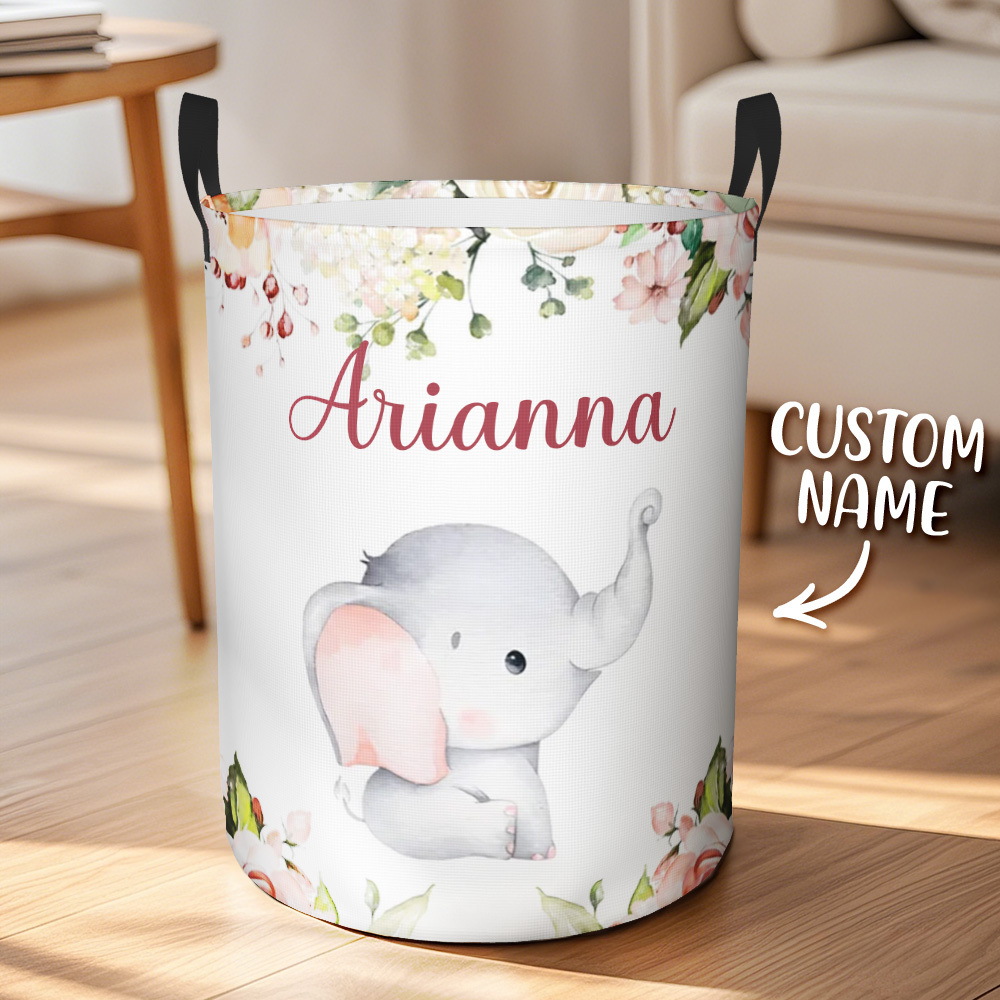 Personalisierter Aufbewahrungskorb Mit Blumen-elefantenmotiv, Wasserdichter Wäschekorb Mit Namen, Geburtstagsgeschenk Für Kinder - dephotoblanket