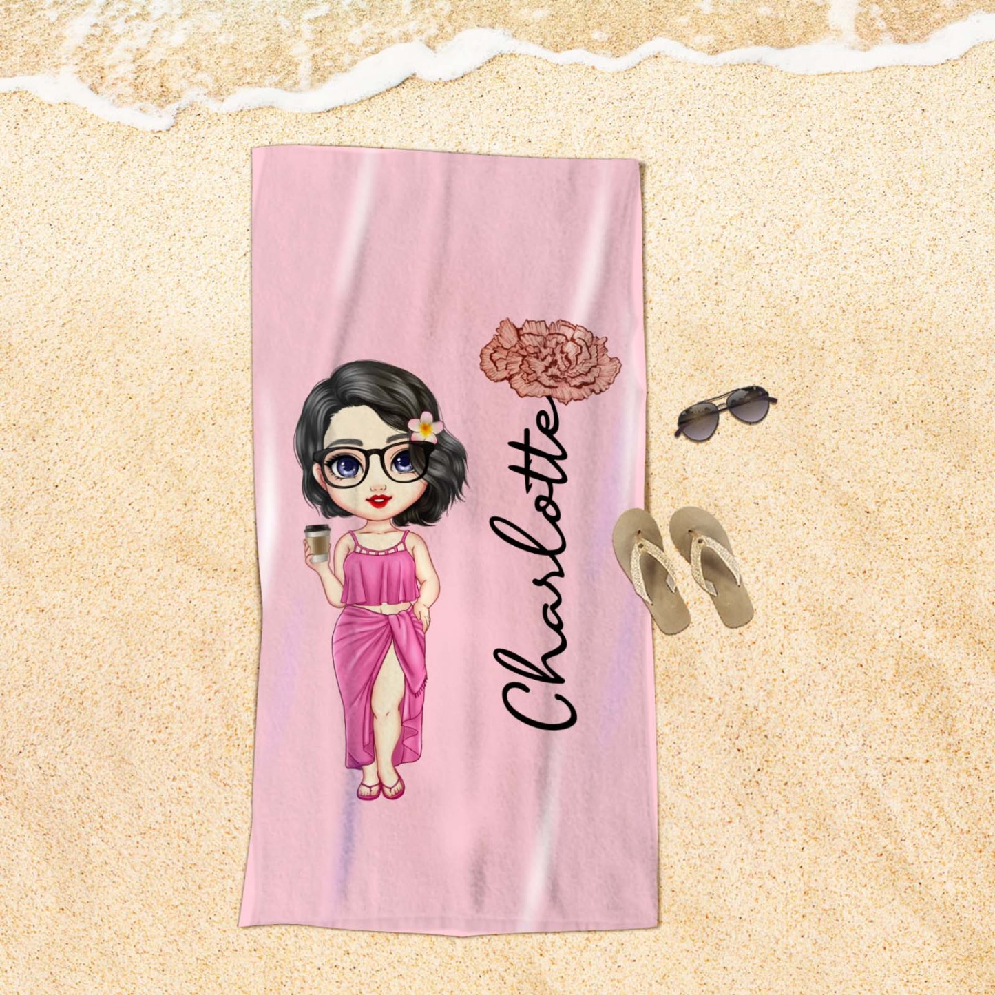 Benutzerdefinierte Cartoon Frauen Mädchen Geburt Blume Mehrfarbiges Strandtuch Personalisierter Name Urlaub Strandtuch Geschenk Für Freundin - dephotoblanket