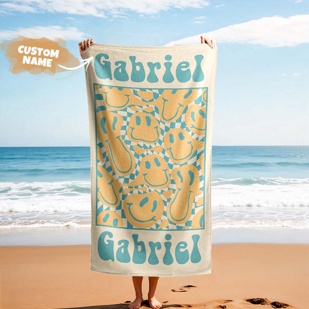 Retro-strandtuch Im Multi-stil, Personalisiertes Namens-badetuch, Personalisiertes Pool-handtuch, Strandtuch Mit Namen Draußen, Geburtstagsgeschenk - dephotoblanket