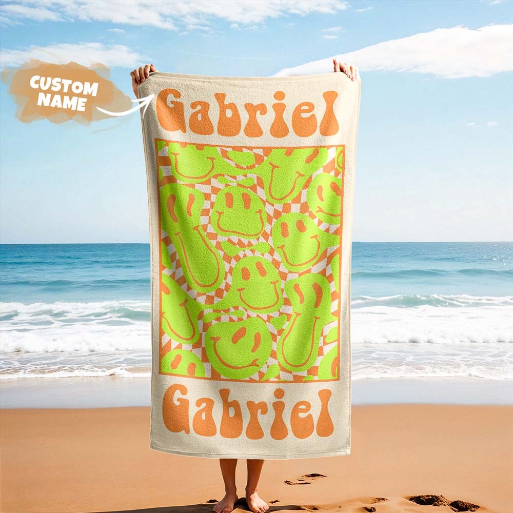 Retro-strandtuch Im Multi-stil, Personalisiertes Namens-badetuch, Personalisiertes Pool-handtuch, Strandtuch Mit Namen Draußen, Geburtstagsgeschenk - dephotoblanket