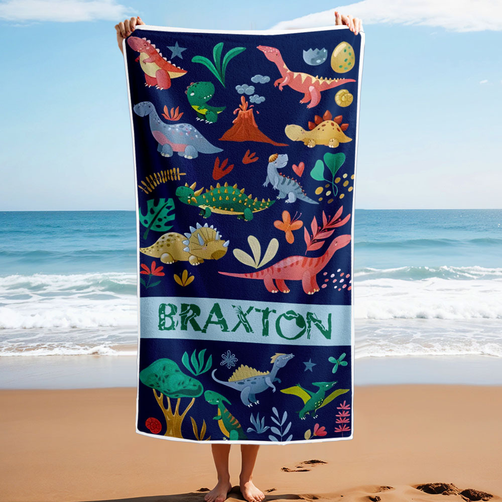Benutzerdefiniertes Strandtuch Mit Namen Dinosaurier, Hübsches Kinderhandtuch - dephotoblanket