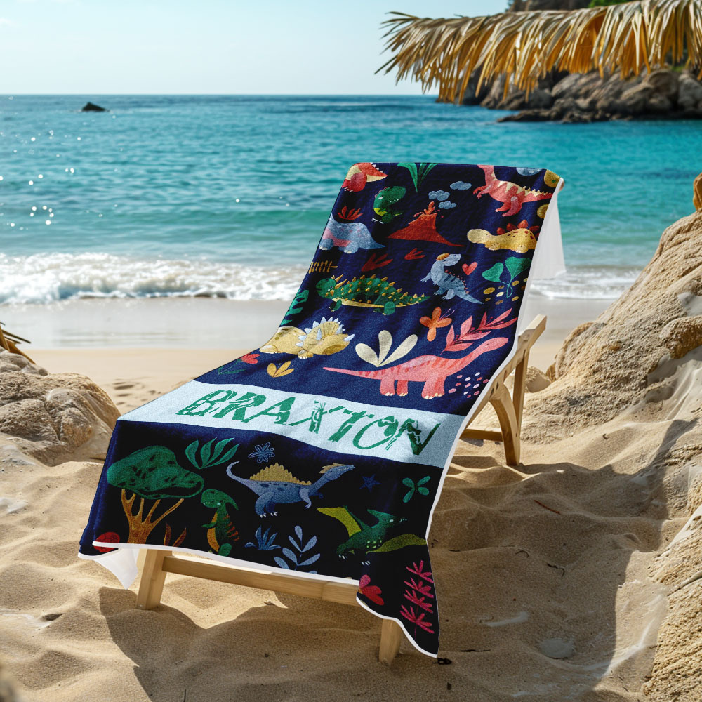 Benutzerdefiniertes Strandtuch Mit Namen Dinosaurier, Hübsches Kinderhandtuch - dephotoblanket