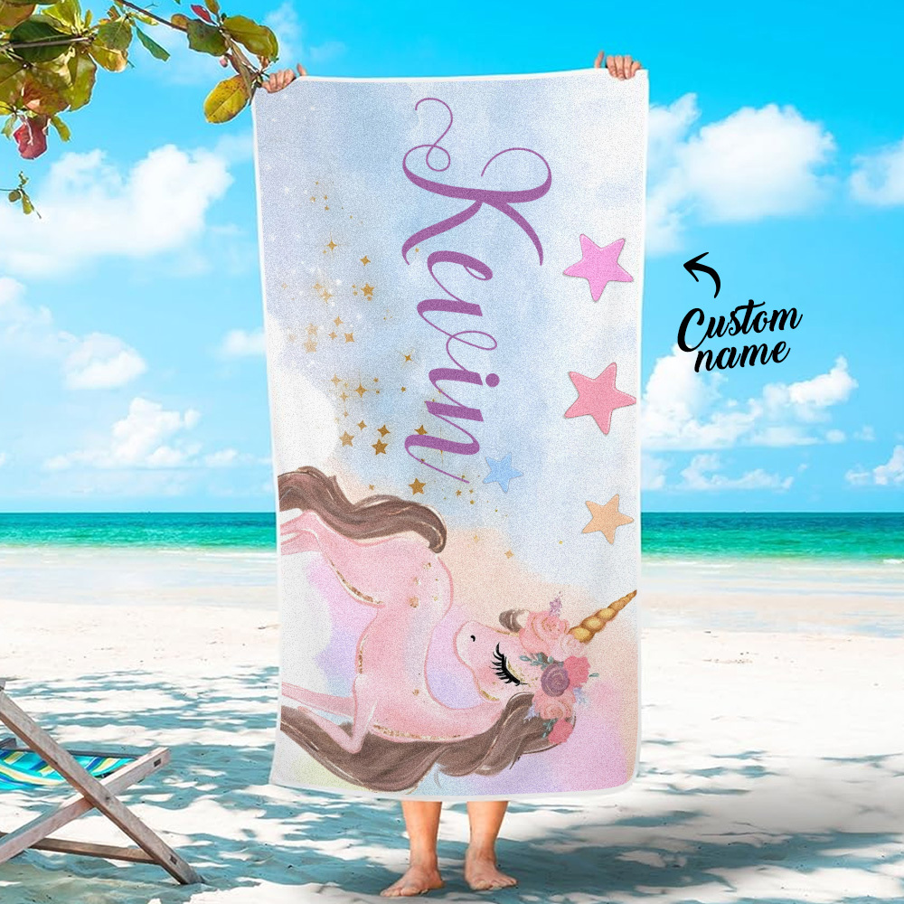 Benutzerdefinierte Personalisierte Strandtuch Cartoon Einhorn Geschenk Für Kind - dephotoblanket
