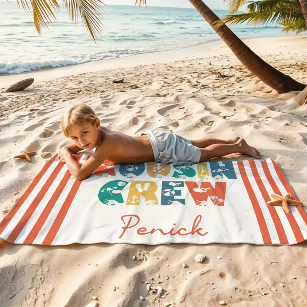 Personalisiertes Cousin-crew-strandtuch, Individuelles Pool-badetuch Mit Namen, Cousin-urlaubsreise-geschenk - dephotoblanket