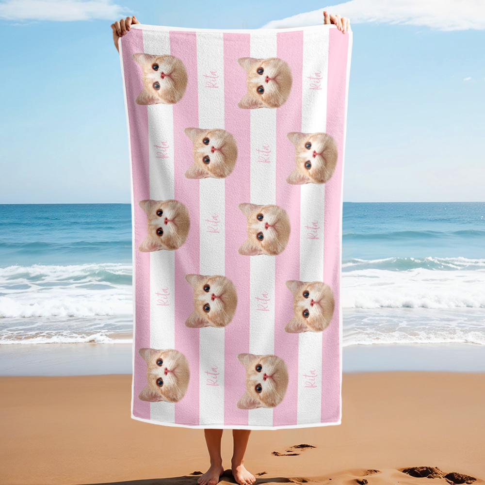 Benutzerdefinierte Haustier Foto Strand Handtuch Streifen Strand Handtuch Geschenk Sommer Urlaub - dephotoblanket
