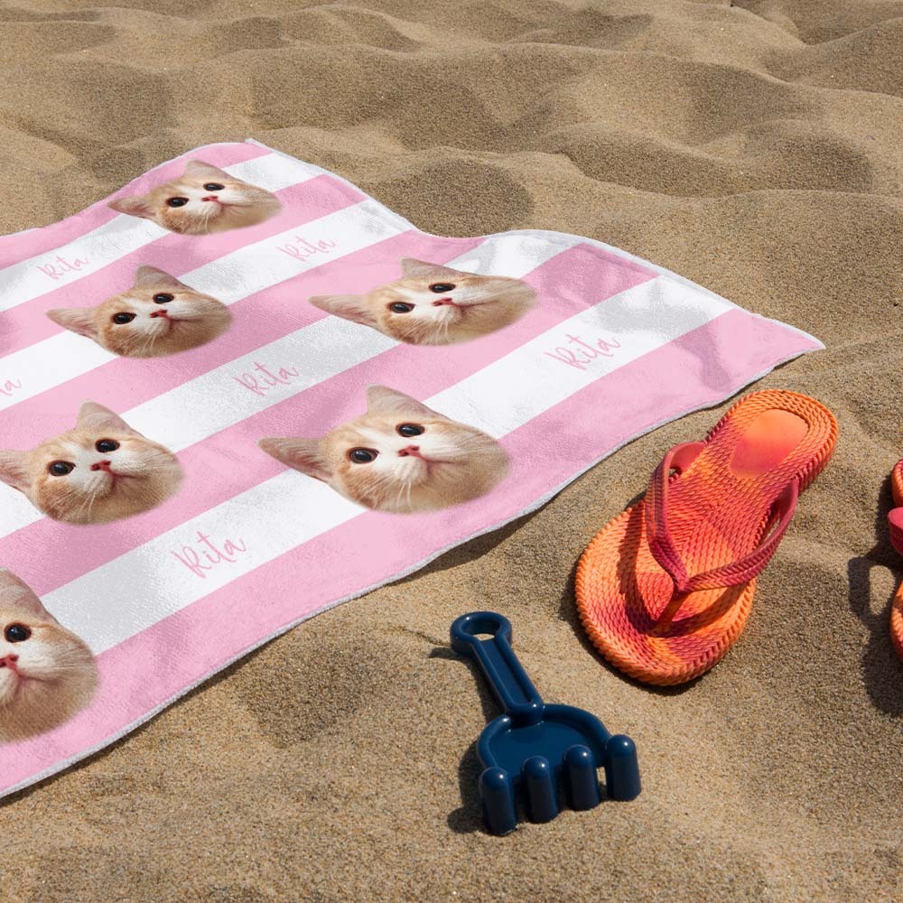 Benutzerdefinierte Haustier Foto Strand Handtuch Streifen Strand Handtuch Geschenk Sommer Urlaub - dephotoblanket