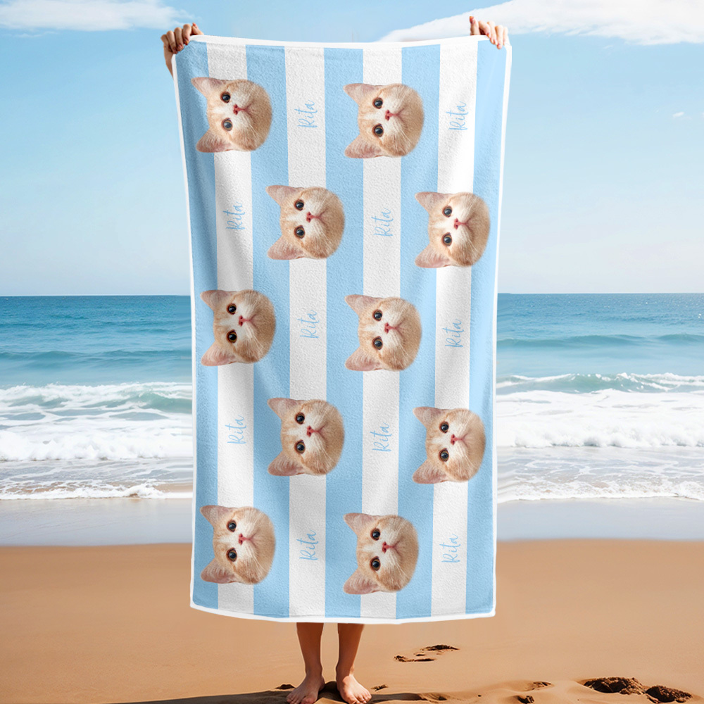 Benutzerdefinierte Haustier Foto Strand Handtuch Streifen Strand Handtuch Geschenk Sommer Urlaub - dephotoblanket