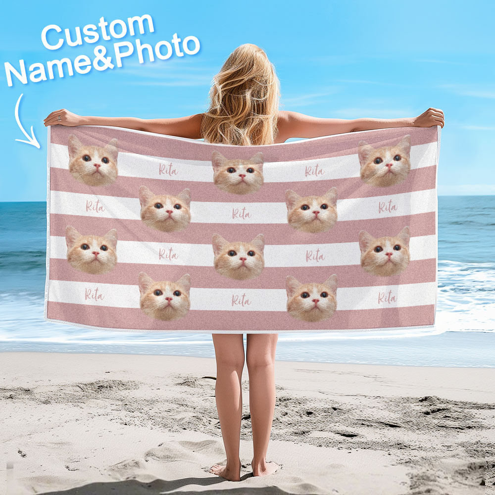 Benutzerdefinierte Haustier Foto Strand Handtuch Streifen Strand Handtuch Geschenk Sommer Urlaub - dephotoblanket