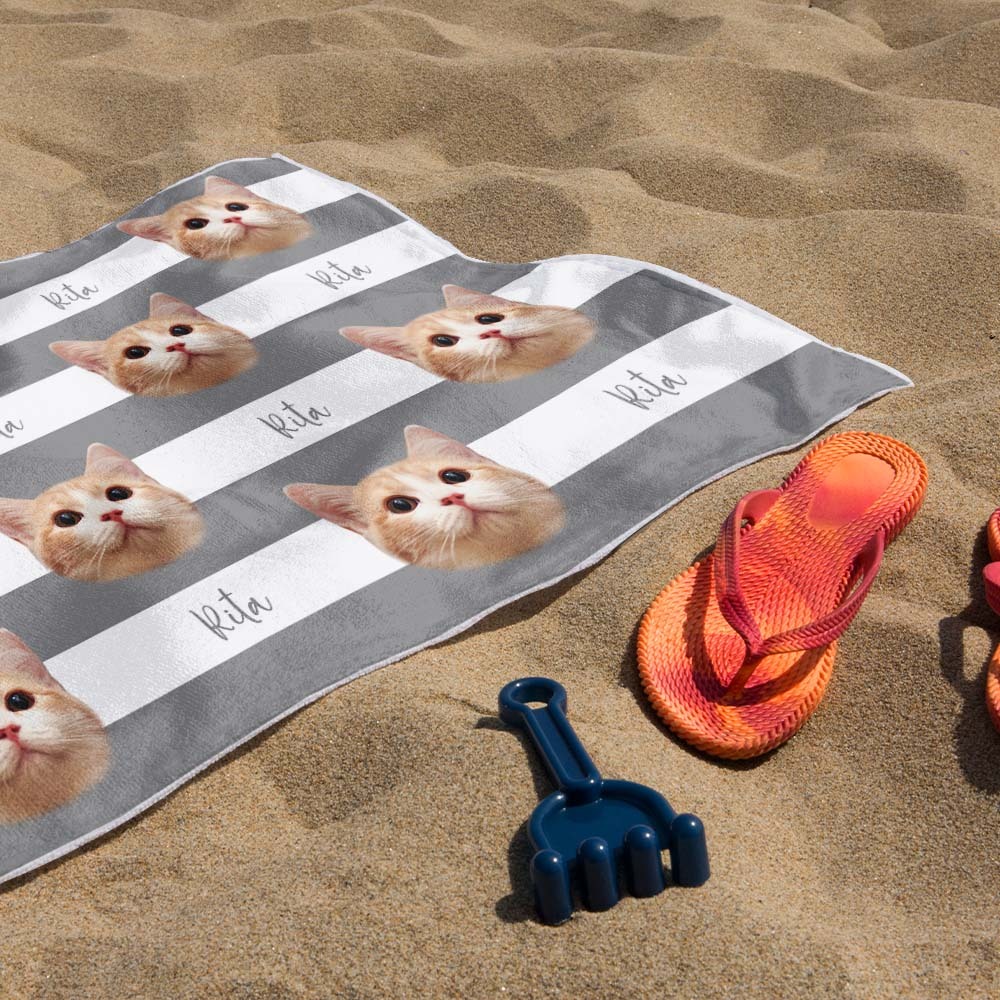 Benutzerdefinierte Haustier Foto Strand Handtuch Streifen Strand Handtuch Geschenk Sommer Urlaub - dephotoblanket