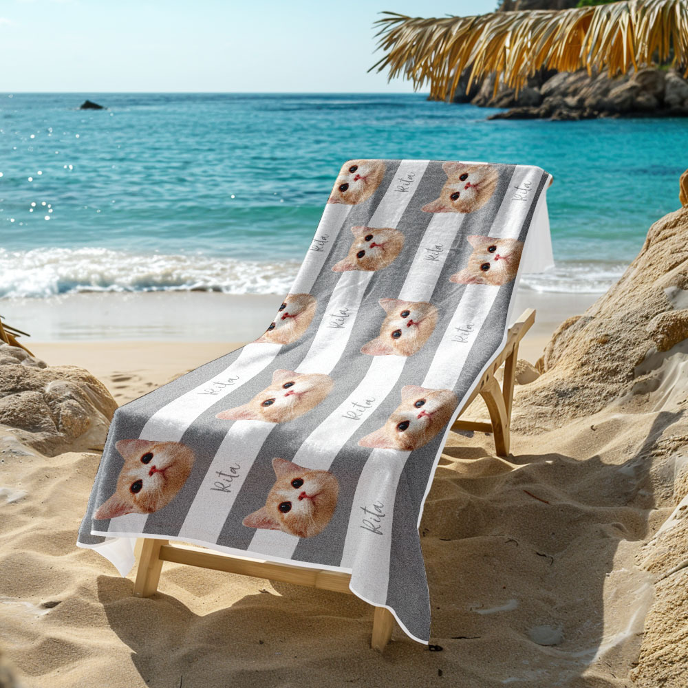 Benutzerdefinierte Haustier Foto Strand Handtuch Streifen Strand Handtuch Geschenk Sommer Urlaub - dephotoblanket