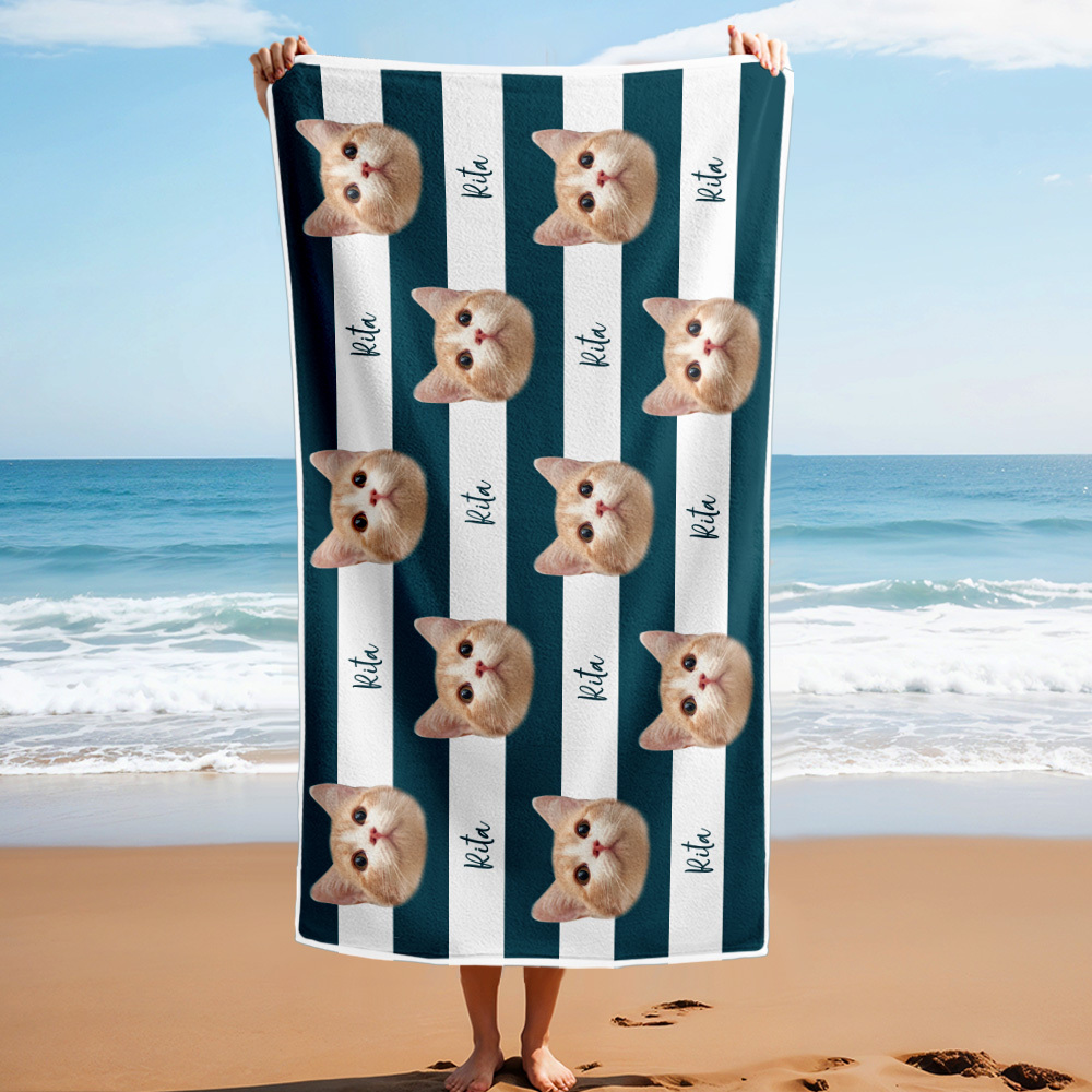 Benutzerdefinierte Haustier Foto Strand Handtuch Streifen Strand Handtuch Geschenk Sommer Urlaub - dephotoblanket