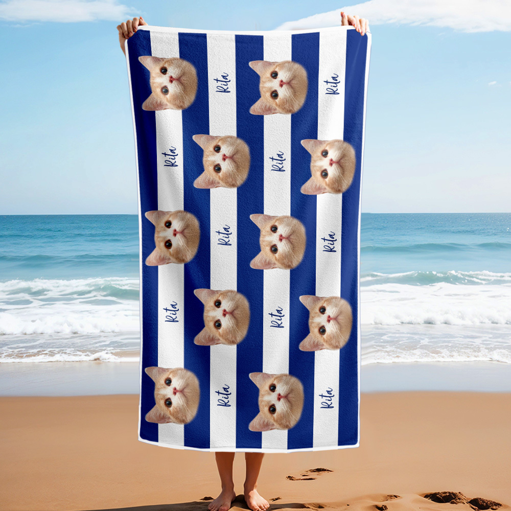 Benutzerdefinierte Haustier Foto Strand Handtuch Streifen Strand Handtuch Geschenk Sommer Urlaub - dephotoblanket