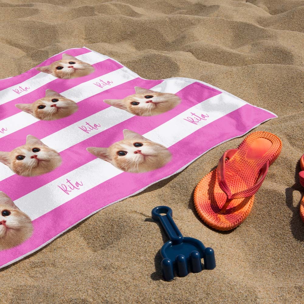 Benutzerdefinierte Haustier Foto Strand Handtuch Streifen Strand Handtuch Geschenk Sommer Urlaub - dephotoblanket